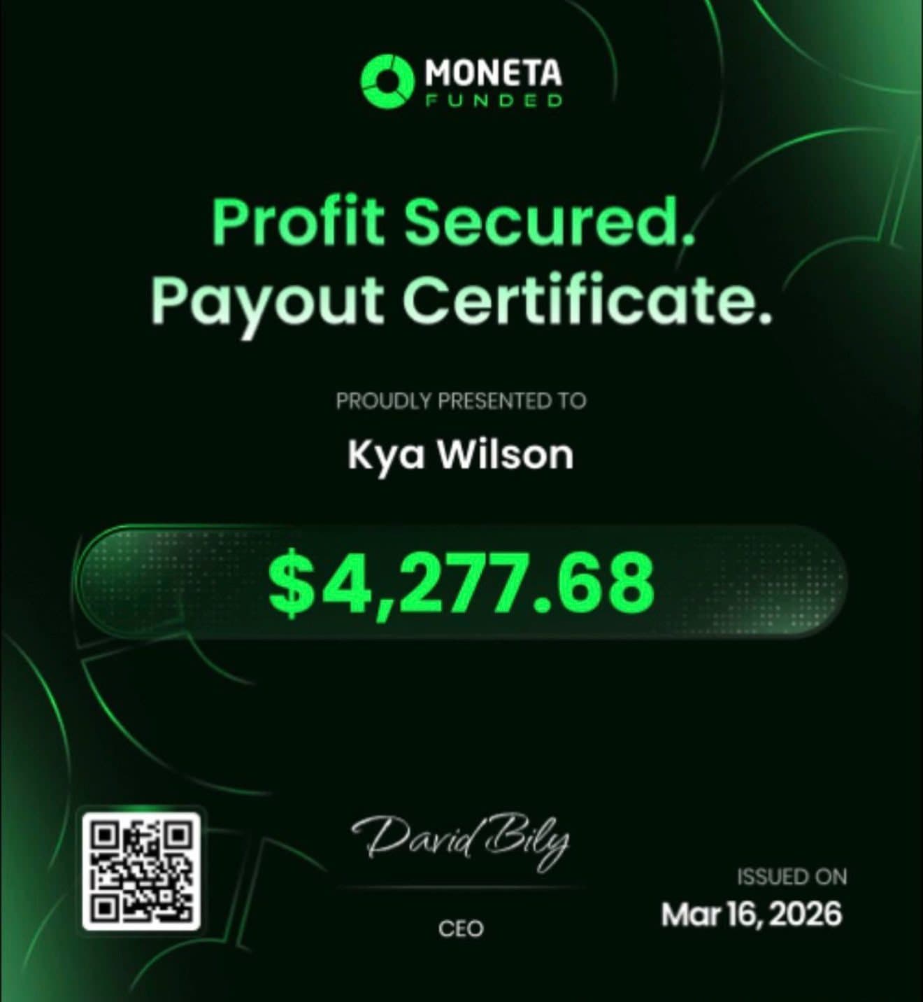 Moneta Funded payout certificate for $4,277.68 issued 16 March 2026