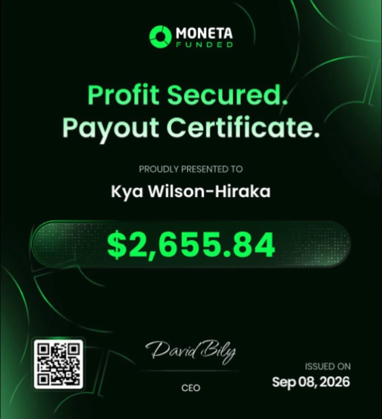 Moneta Funded payout certificate for $2,655.84 issued 8 September 2026